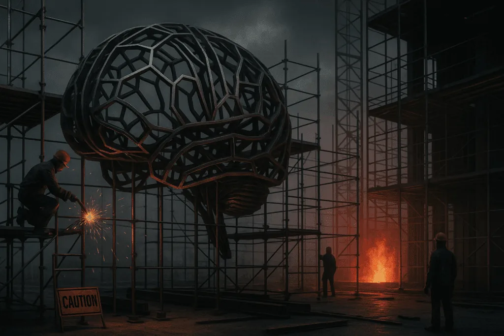 Construction workers building brain structure under pressure, representing how emotional reactivity in leadership develops through repeated threat exposure and neural rewiring