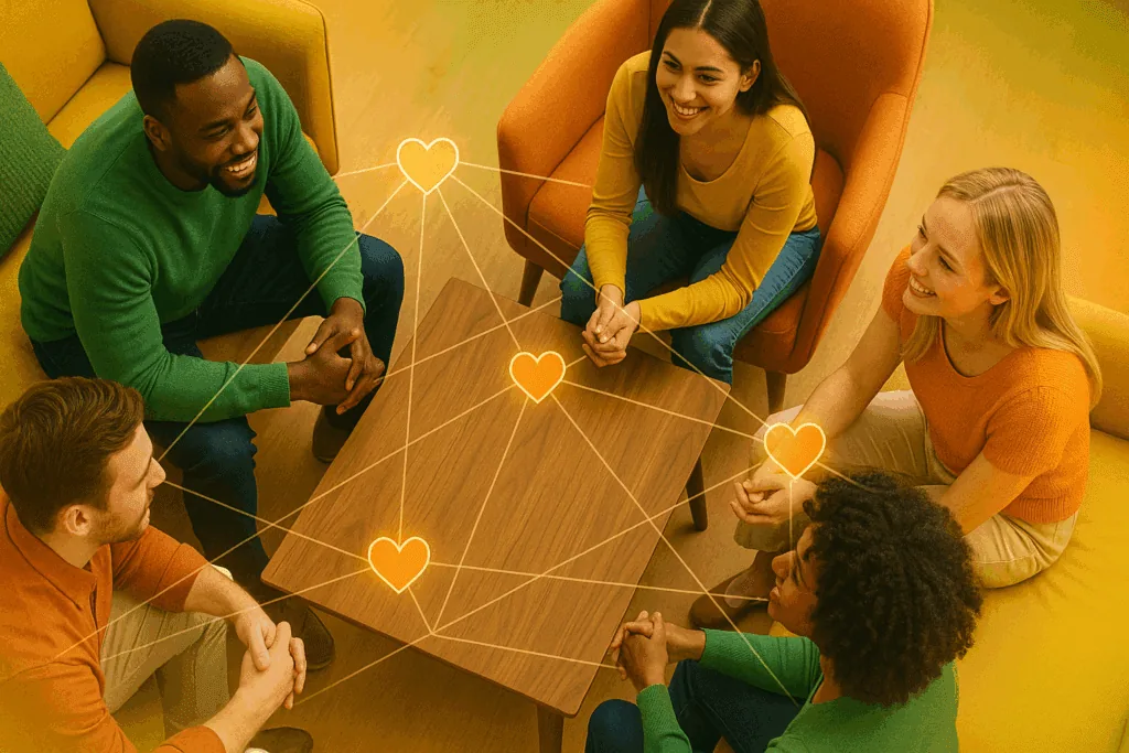 ALT TEXT (100-125 characters):
How to give emotional validation: diverse group connected by heart networks showing genuine acceptance, deep connection, and shared emotional understanding in relationships.