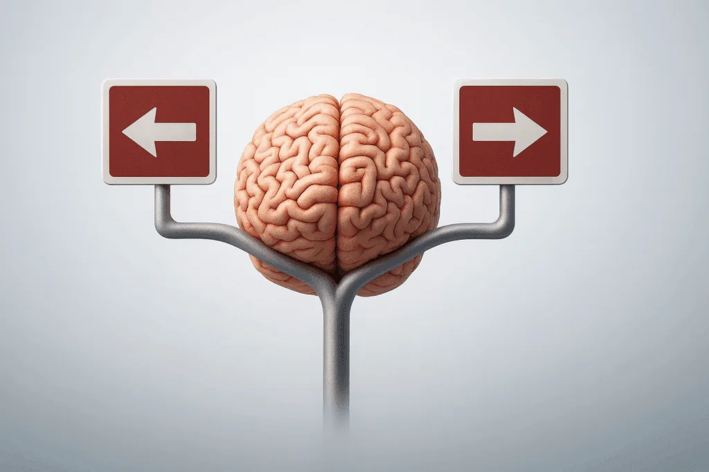 Brain decision-making illustration showing monogamous brain versus unfaithful brain neural pathways and choice mechanisms during relationship commitment.