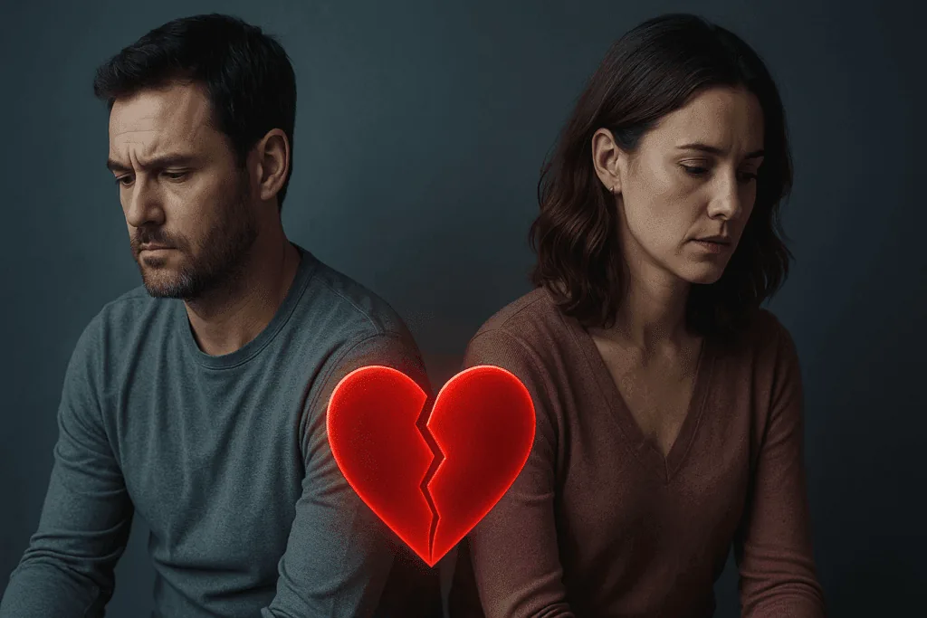 Couple in a relationship guidance moment experiencing heartbreak symbolizing betrayal trauma from infidelity affecting monogamous brain versus unfaithful brain.
