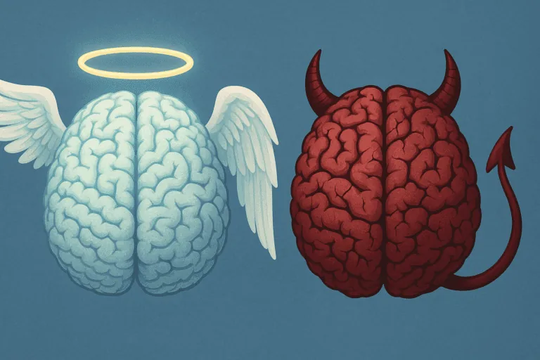 Illustration comparing a monogamous brain with a halo and wings versus unfaithful brain with horns, symbolizing relationship commitment choices.