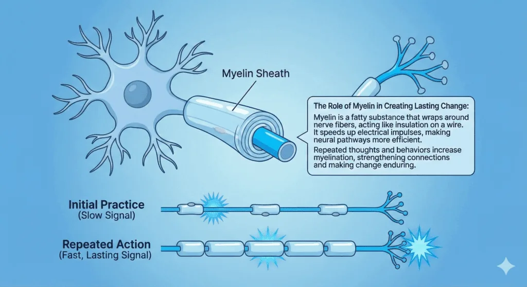 Diagram of neuron with myelin sheath illustrating how repeated practice strengthens neural pathways and accelerates signals, explaining neuroscience-based coaching lasting change.