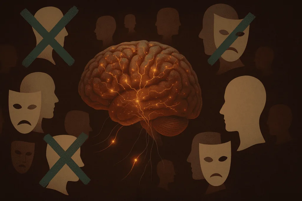 Illustration of a human brain illuminated with neural pathways, surrounded by silhouettes and masks representing common neuroplasticity myths.