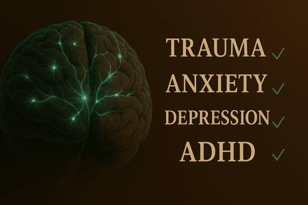 Medical illustration of a human brain wired with neural signals, paired with bold labels for trauma, anxiety, depression, and ADHD conditions.