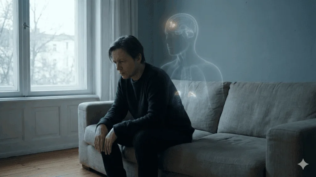 Depressed man sitting on sofa with ghostly body overlay showing brain and adrenal glands, visualizing Neuroplasticity and The HPA Axis.