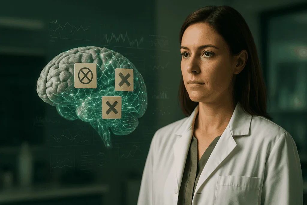 Female neuroscientist in a lab beside a digital brain graphic, marked with X symbols to indicate debunked neuroplasticity myths and misconceptions.