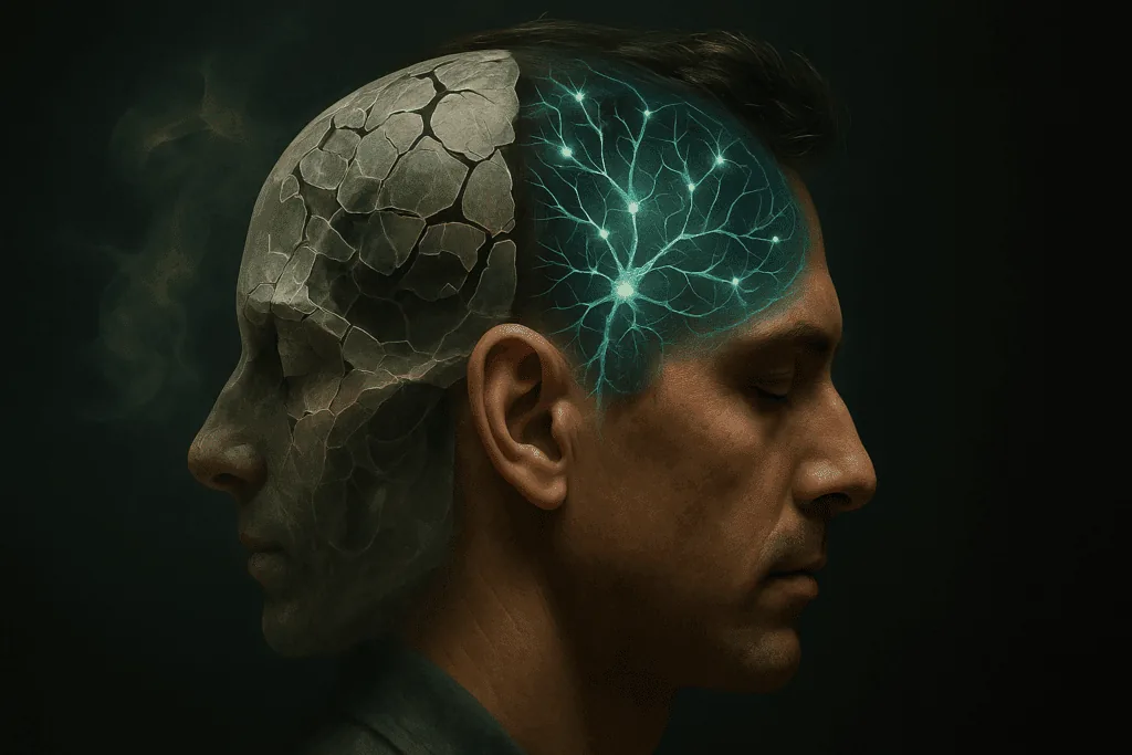 Close-up of a man's head, half revealing a cracked, damaged cortex contrasted with glowing neural pathways, illustrating neuroplasticity in brain recovery.