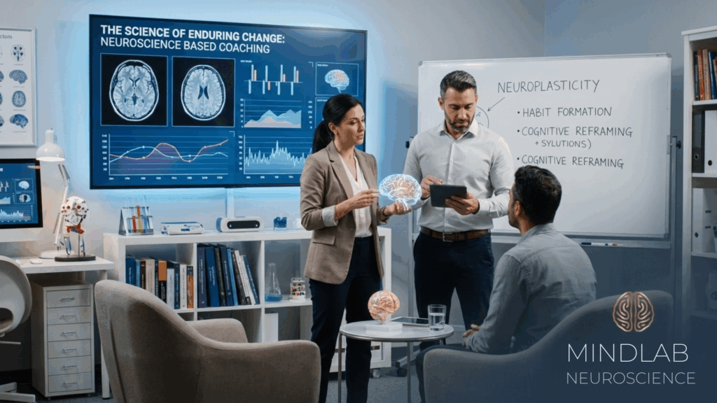 Two professionals presenting neuroscience-based coaching research with brain scans, graphs, and a neuroplasticity diagram showing habit formation and cognitive reframing techniques.



