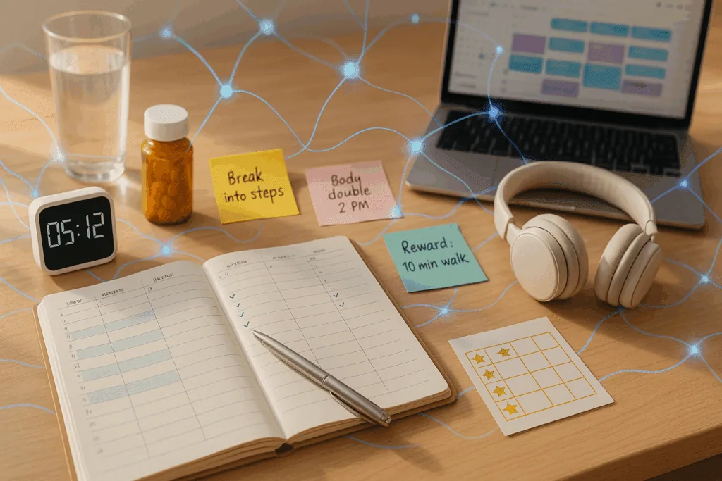 ADHD management workspace displaying neuroscience-based strategies including task tracking, reward systems, timers, and dopamine optimization tools for activation pattern management.
