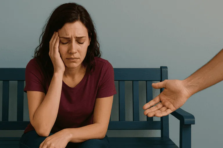 Woman experiencing the neuroscience of behavior change resistance with emotional struggle and offered support for growth