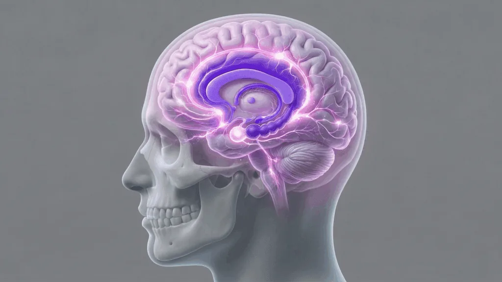 Side view of a human head with glowing purple limbic circuits, showing regions linked to the neuroscience of rumination.