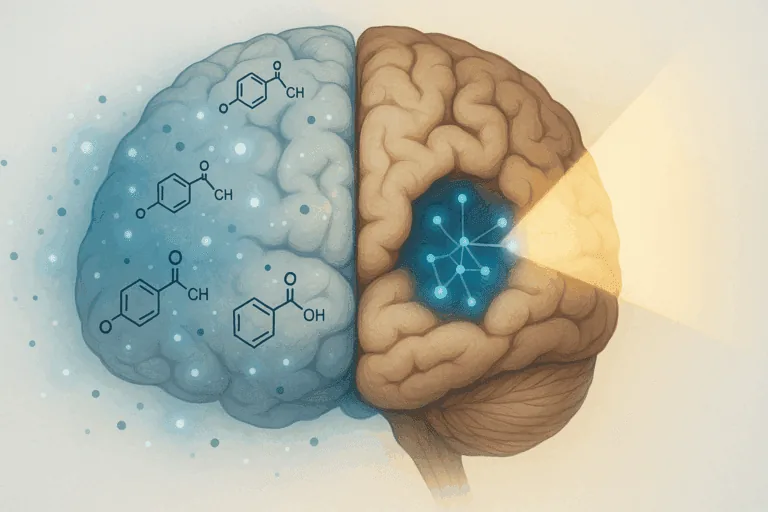 Cross-section illustration of the human brain highlighting precision dopamine signaling, neuroplasticity, and targeted brain optimization pathways.