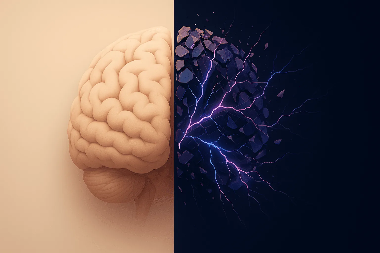 Side-by-side comparison of calm organized brain versus chaotic energetic ADHD brain with electric neural activity demonstrating neuroscience differences in ADHD.