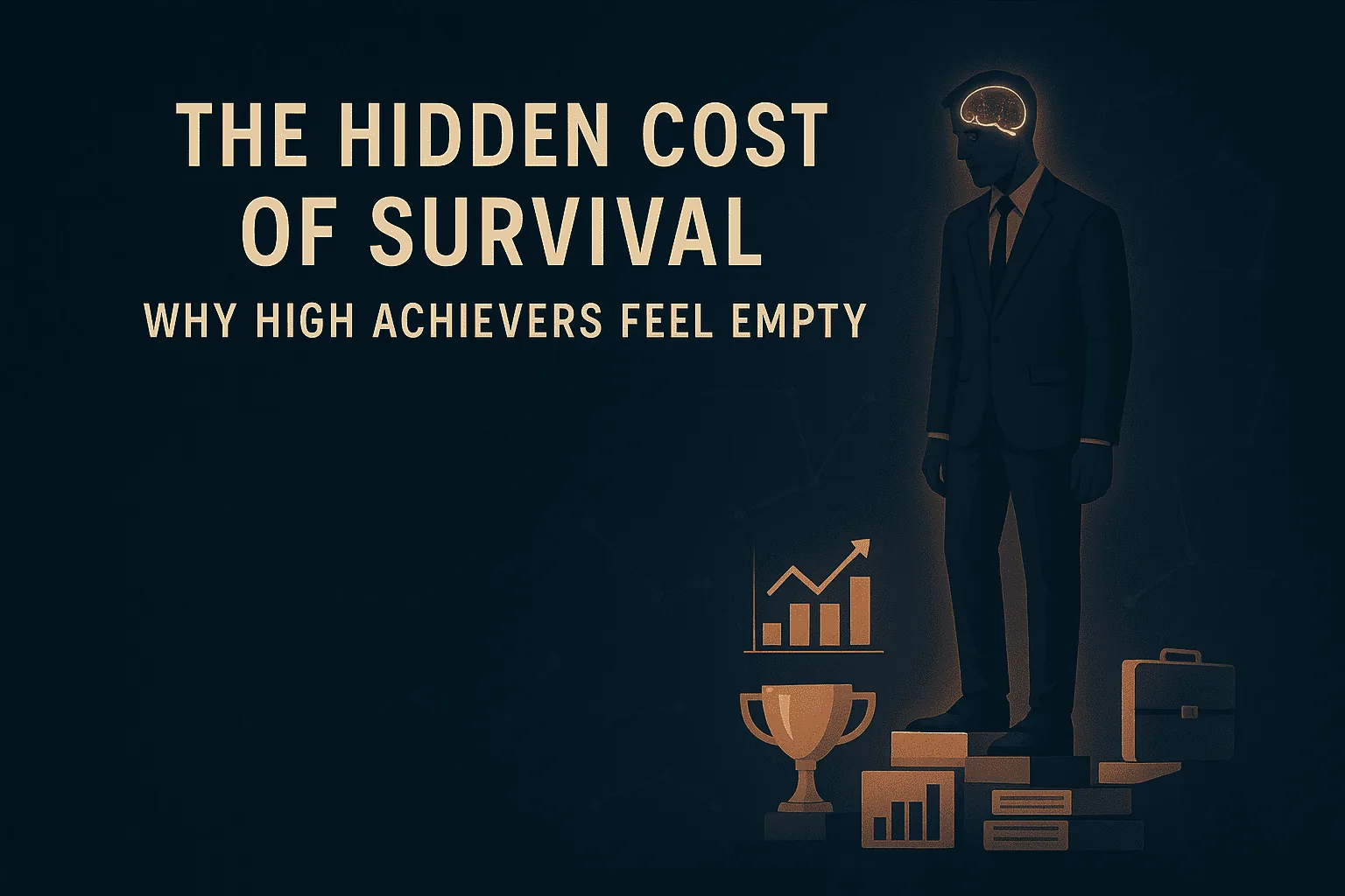 High achievers feel empty illustration: successful executive surrounded by achievement symbols showing dopamine and trauma dysregulation leading to reward numbness.