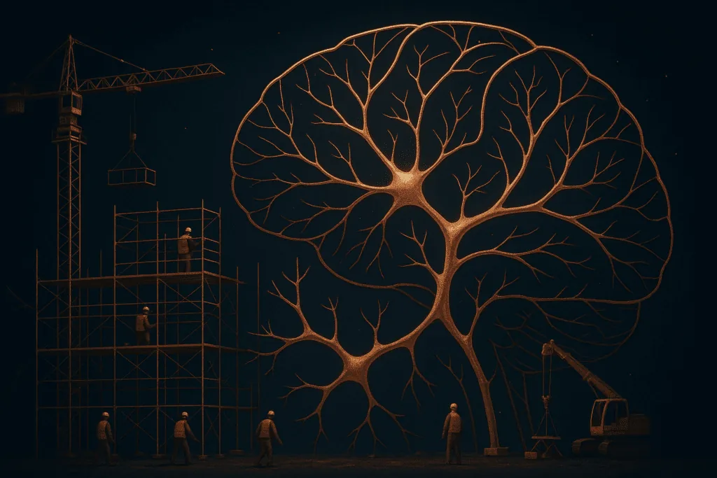 Construction workers actively rewiring and rebuilding golden brain with cranes and scaffolding, symbolizing dopamine and trauma recovery through active neuroplasticity and brain rewiring process.