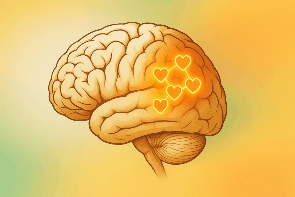 Brain illustration with glowing hearts showing emotional validation and dopamine release in relationships through neuroscience connection.