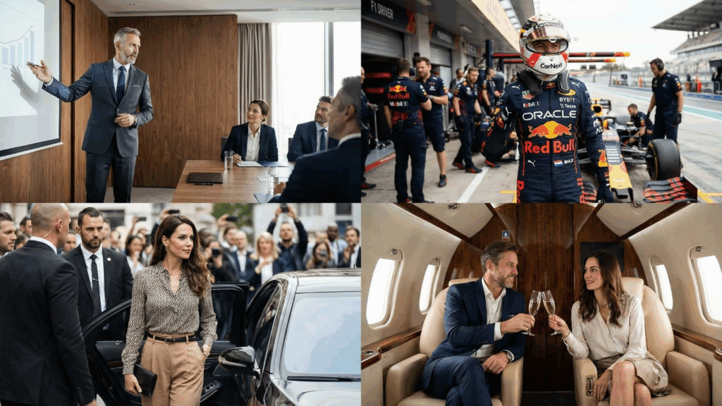 Diverse high-performing professionals in executive, motorsports, diplomatic, and luxury travel settings illustrating neuroscience-based coaching for elite leaders and ambitious achievers. High-performing executives, elite athletes, and professionals across corporate, motorsports, diplomatic, and aviation sectors demonstrating neuroscience-based coaching for ambitious leaders.