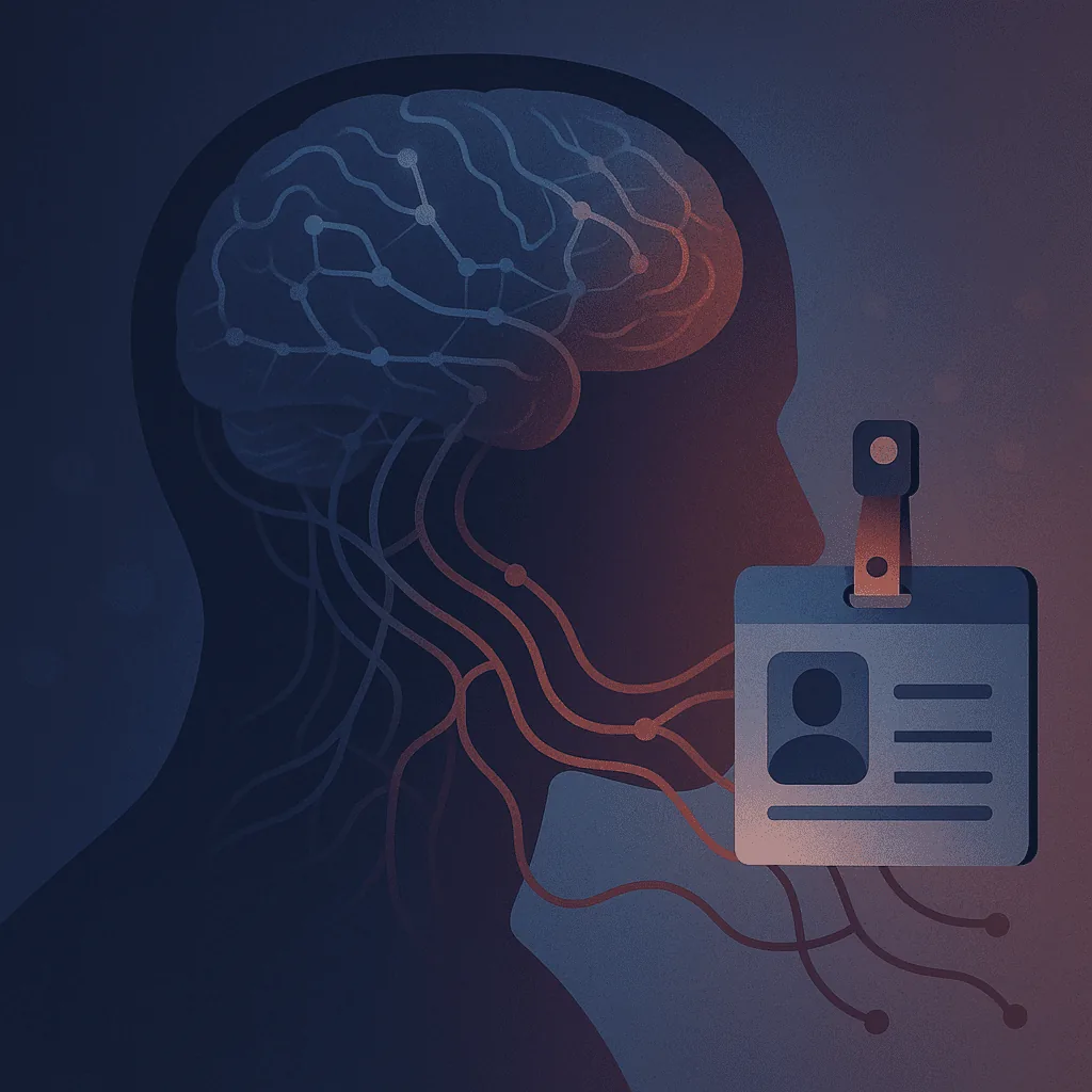 Abstract image of brain circuitry connecting to a work badge, reflecting neural link between career status and personal identity in modern life.