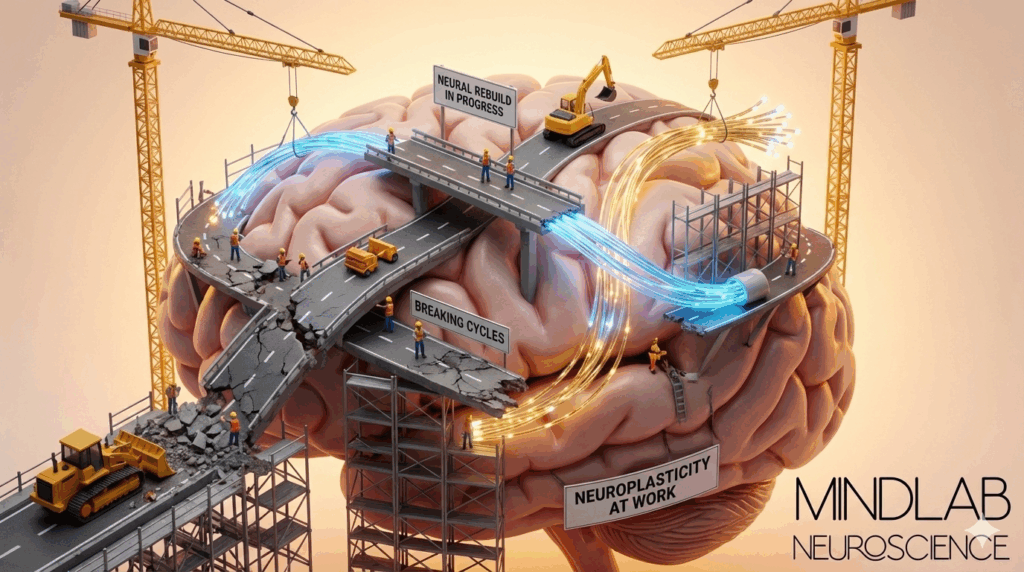 Brain illustration with construction site showing neural rebuild in progress and breaking cycles with glowing blue and gold neural pathways, representing neuroplasticity in neuroscience of mother daughter relationship healing and generational transformation.

