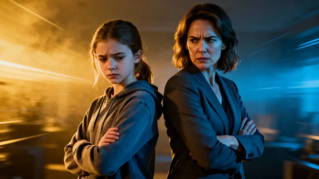 Teenage daughter and mother standing back to back with emotional distance, frustrated expressions, split yellow and blue lighting showing amygdala hijack and conflict in neuroscience of mother daughter relationship dynamics.
