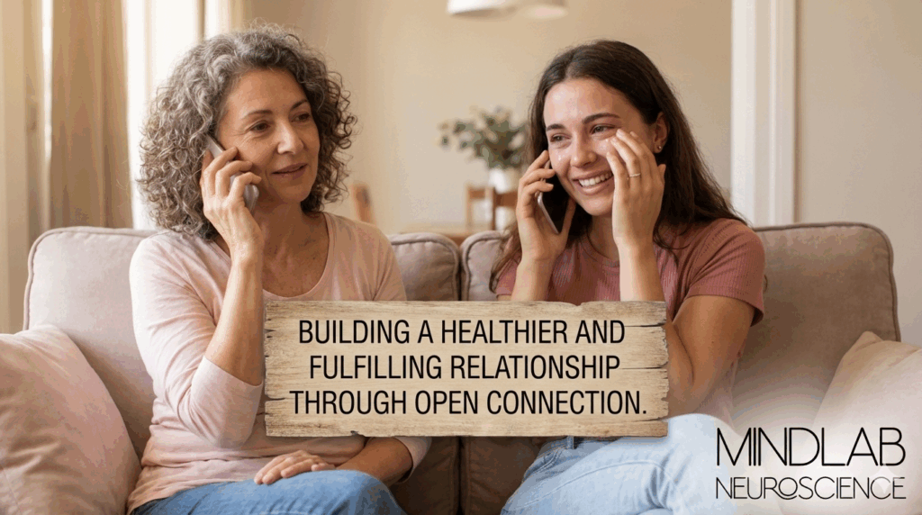 Mother and adult daughter on phone call having conversation with wooden sign showing open connection message in warm living room setting illustrating neuroscience of mother daughter relationship communication and healing.