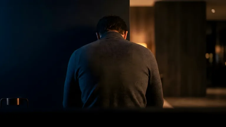 Dopamine and trauma: a person seen from behind in near darkness, head bowed, shoulders heavy