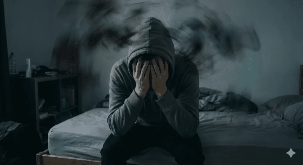 A distressed person with blurred thoughts represents emotional overwhelm in the neuroscience of suicidal ideation.
