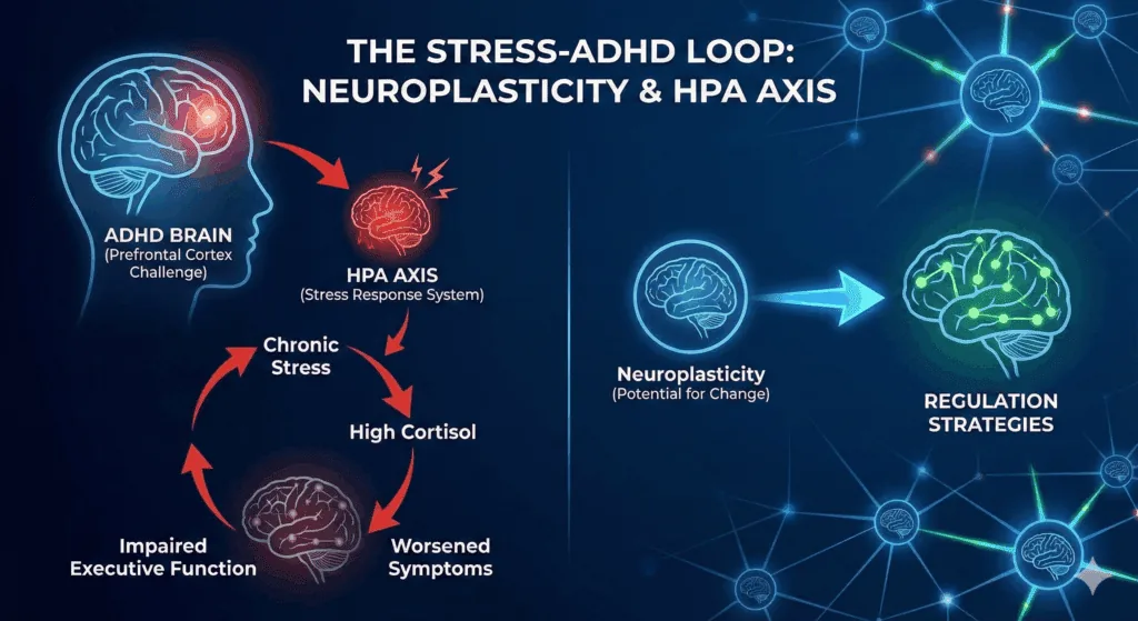 Infographic illustrating the Stress-ADHD Loop and the interaction between Neuroplasticity and The HPA Axis.
