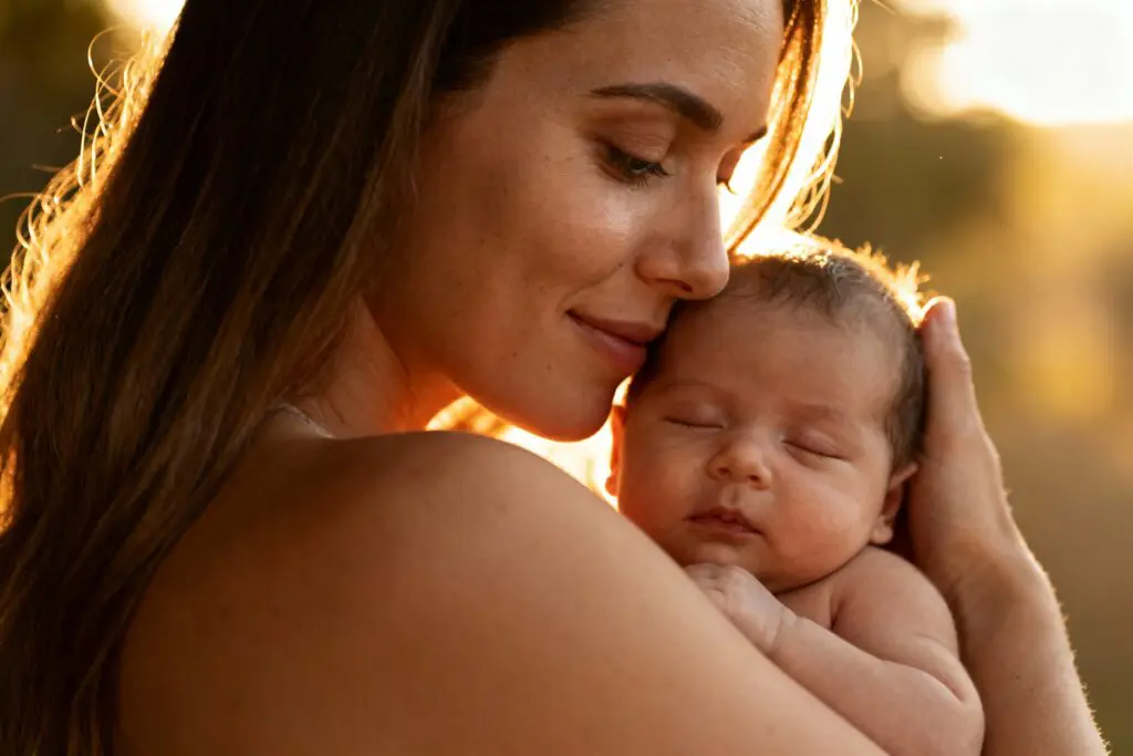 Young mother holding newborn baby daughter close in warm sunset light, demonstrating oxytocin bonding and attachment in the neuroscience of mother daughter relationship development.

