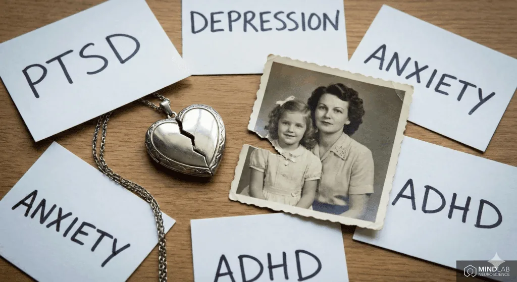 Vintage mother and daughter photo with broken heart necklace surrounded by PTSD, depression, anxiety, and ADHD labels on wooden background illustrating intergenerational trauma and mental health in neuroscience of mother daughter relationship.

