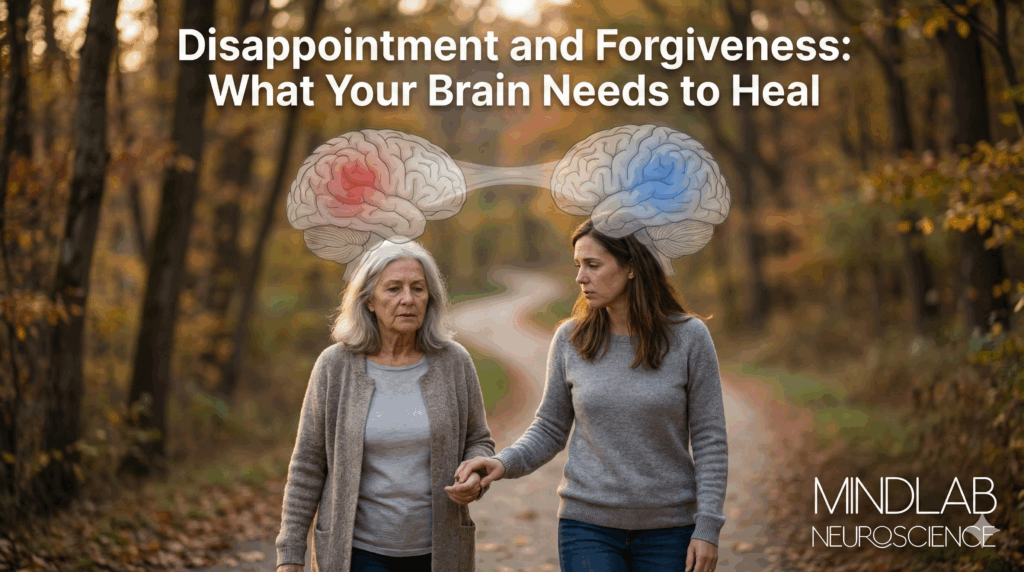 Aging mother and adult daughter walking in autumn forest with brain visualization overlay showing disappointment and forgiveness in neuroscience of mother daughter relationship healing and reconciliation.

