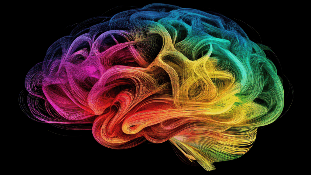 A colorful brain-fiber illustration on a black background, visualizing the neural pathways involved in compulsive patterns.