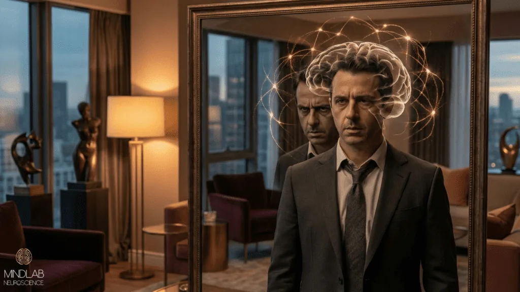 Man in suit stares into mirror, distressed reflection and brain glow visualizing evolutionary neuroscience of self-hatred.