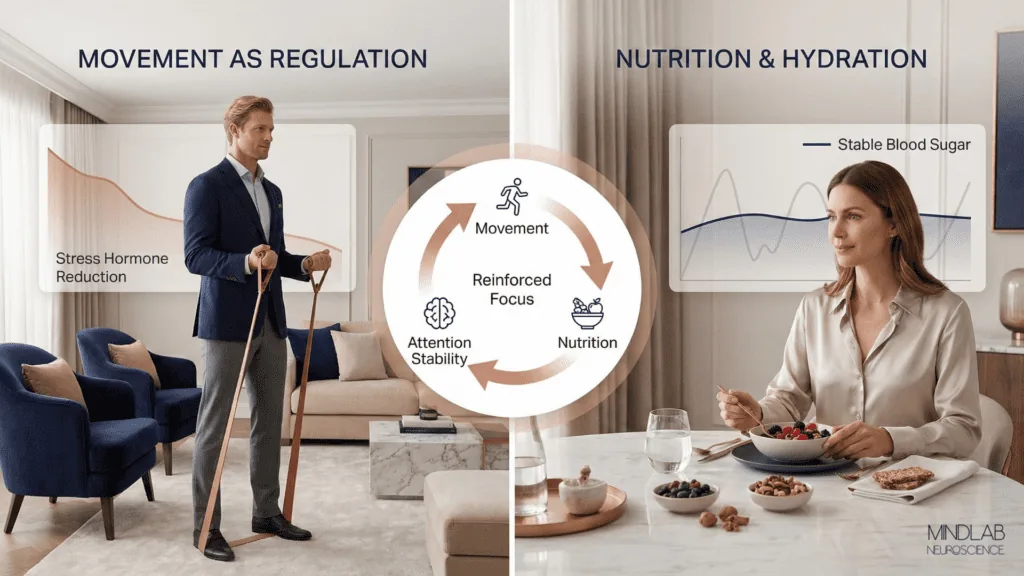 Complementary strategies for reversing digital exhaustion showing movement with stress hormone reduction paired with stable nutrition and hydration for sustained blood sugar and reinforced focus capacity.