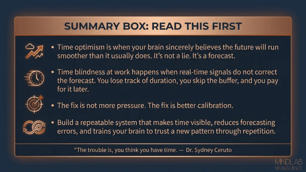 Summary box infographic explaining time optimism concept, forecasting errors, calibration fixes, and brain system training with icons.