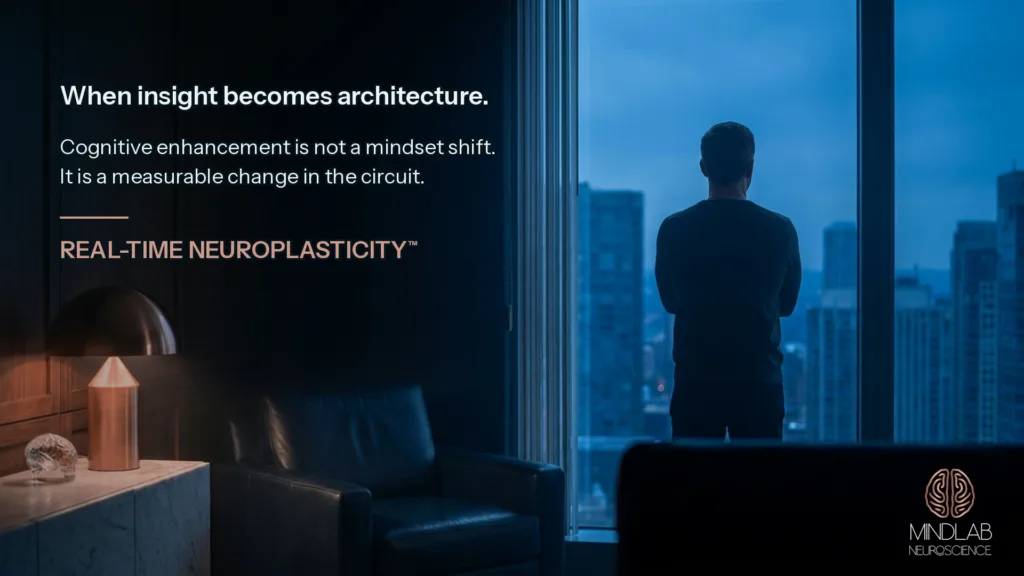 A professional executive in a dark blazer achieves cognitive enhancement through real-time neuroplasticity practice with Dr. Sydney Ceruto, CEO of MindLAB Neuroscience.