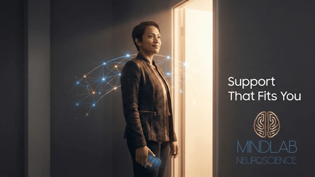 Woman with neural network showing neurodivergent practice support and Real-Time Neuroplasticity™ transformation stepping toward breakthrough and personalized support.