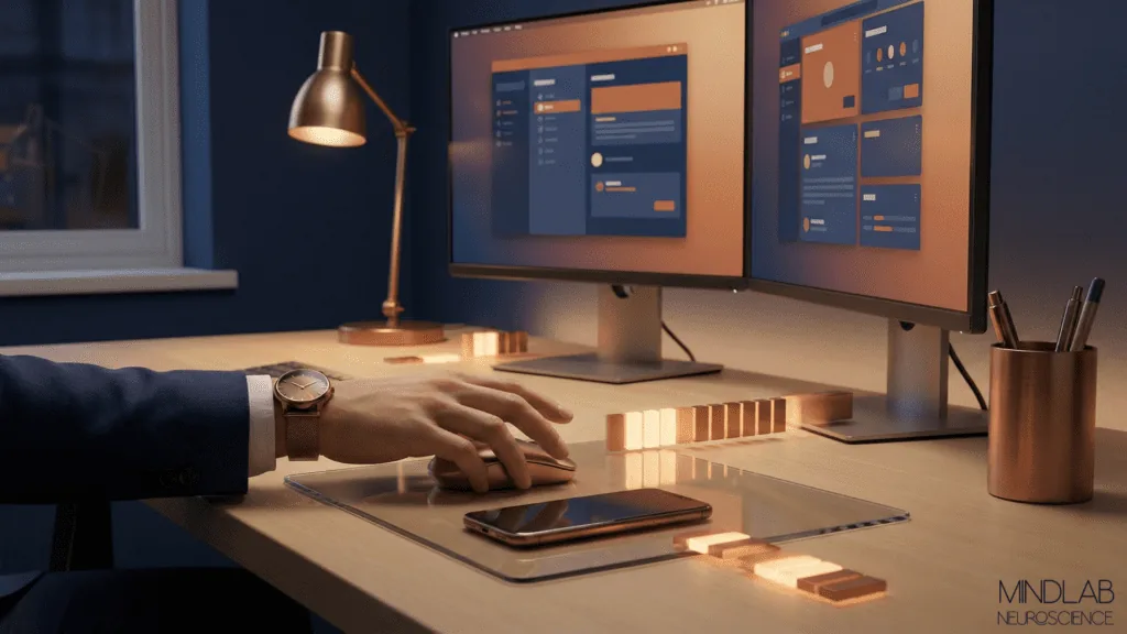 Professional workspace with dual monitors, a wristwatch, dashboard analytics, and wooden time-tracking blocks representing visible time systems.