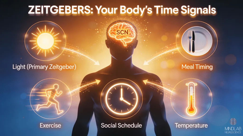 Environmental time cues synchronizing your internal 24-hour circadian health rhythm with light, meals, exercise, and social cues