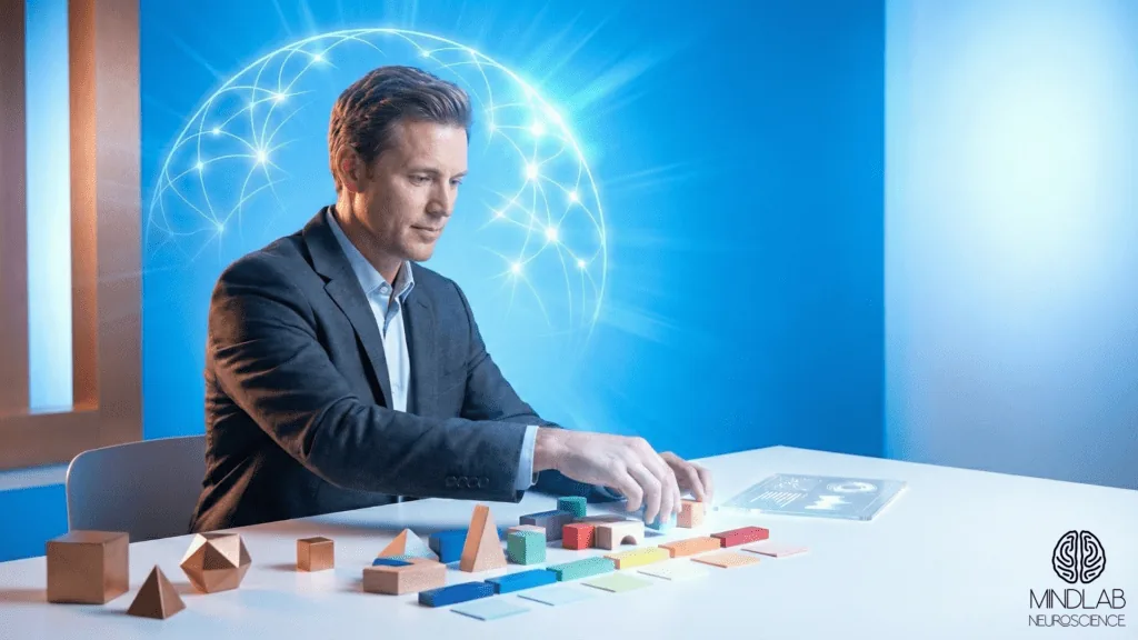 Man engaged with colorful geometric shapes representing executive function optimization through Real-Time Neuroplasticity Practice™ for neurodivergent practice.