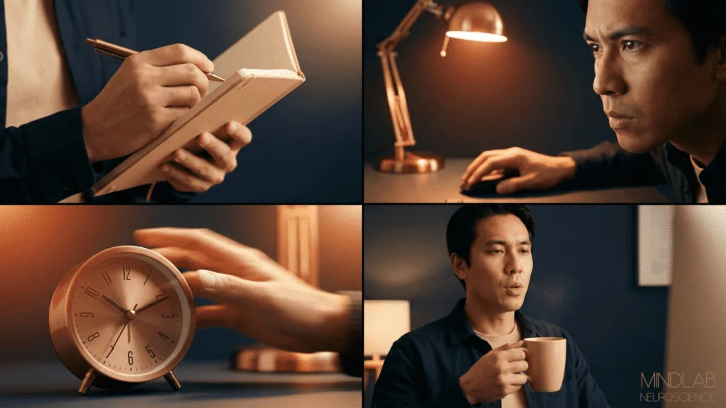 Four-panel professional collage depicting the time optimism workflow: planning, focused work, clock awareness, and a reflective break.