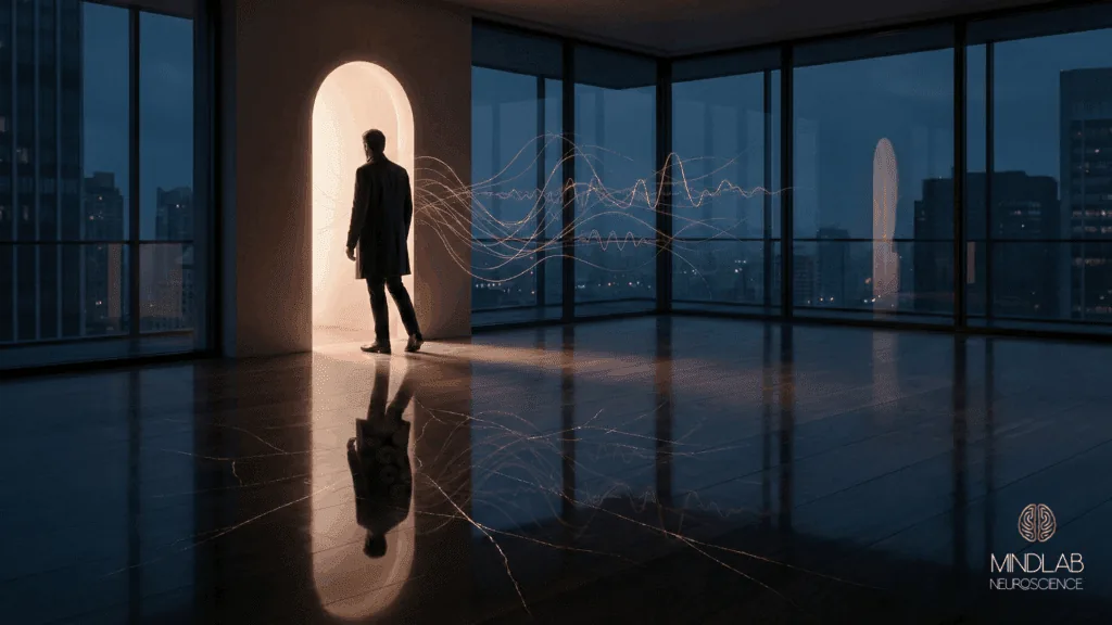 A silhouette stepping toward a doorway of light with neural waves trailing behind, symbolizing why your brain rejects change and fears the unknown.