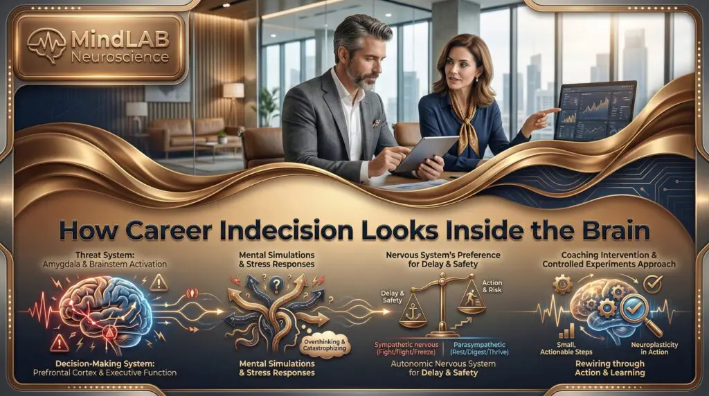 Professional couple illustration showing career indecision within the brain. Neural visualization depicting threat system versus decision-making system conflict during career development.