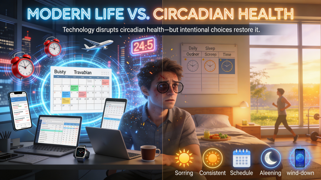 Person managing digital chaos with multiple screens and schedules disrupting circadian health while building wellness routine with natural light