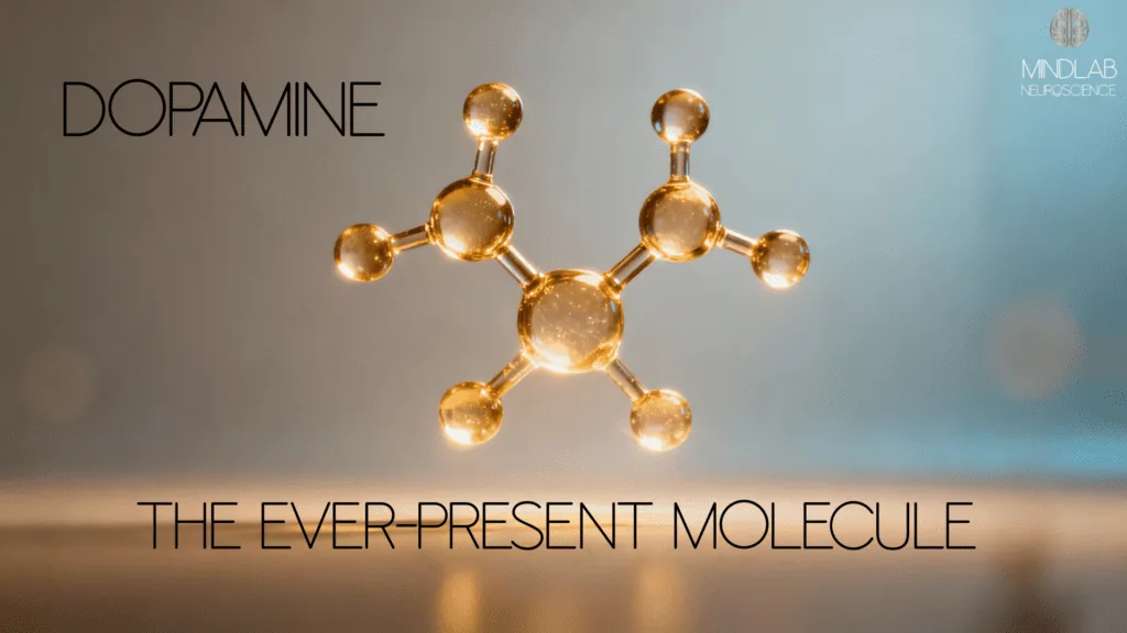 Golden dopamine molecule illustration representing cognitive enhancement through real-time neuroplasticity practice and dopamine optimization for brain performance.