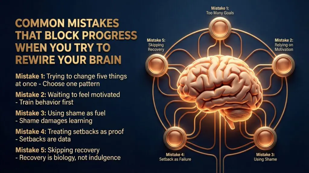 Common mistakes that block brain rewiring progress - brain infographic with five warning nodes showing how to rewire your brain by avoiding these neuroscience-backed pitfalls.