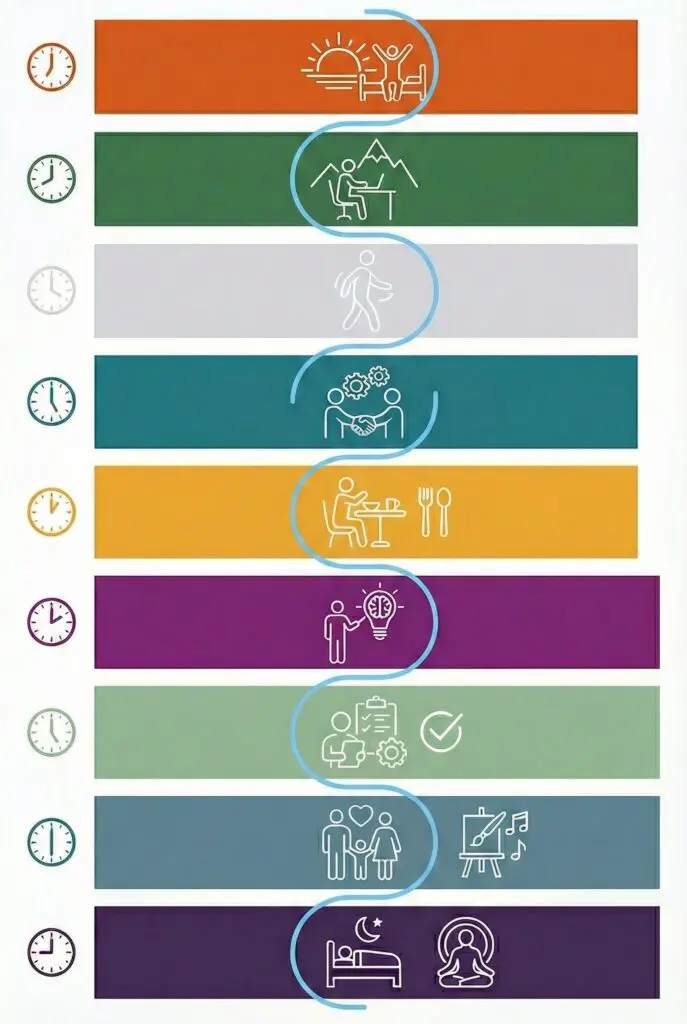 Daily flow state timeline showing nine hourly activities from sunrise through evening sleep, illustrating optimal integration of work, movement, collaboration, nutrition, creativity, and rest.