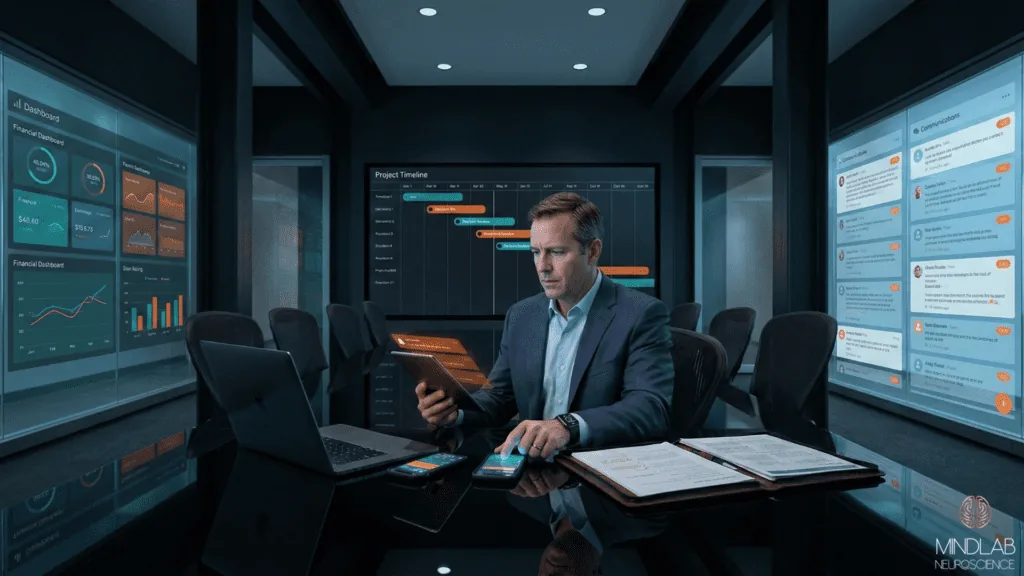 Male executive sits at massive boardroom table surrounded by glowing smart glass displays, multiple smartphones, and luminous data streams—visual representation of decision fatigue in leaders from micro-decisions.