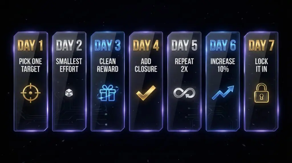 The 7-day dopamine anchoring reset infographic timeline shows daily steps from target behavior to locking in the habit.