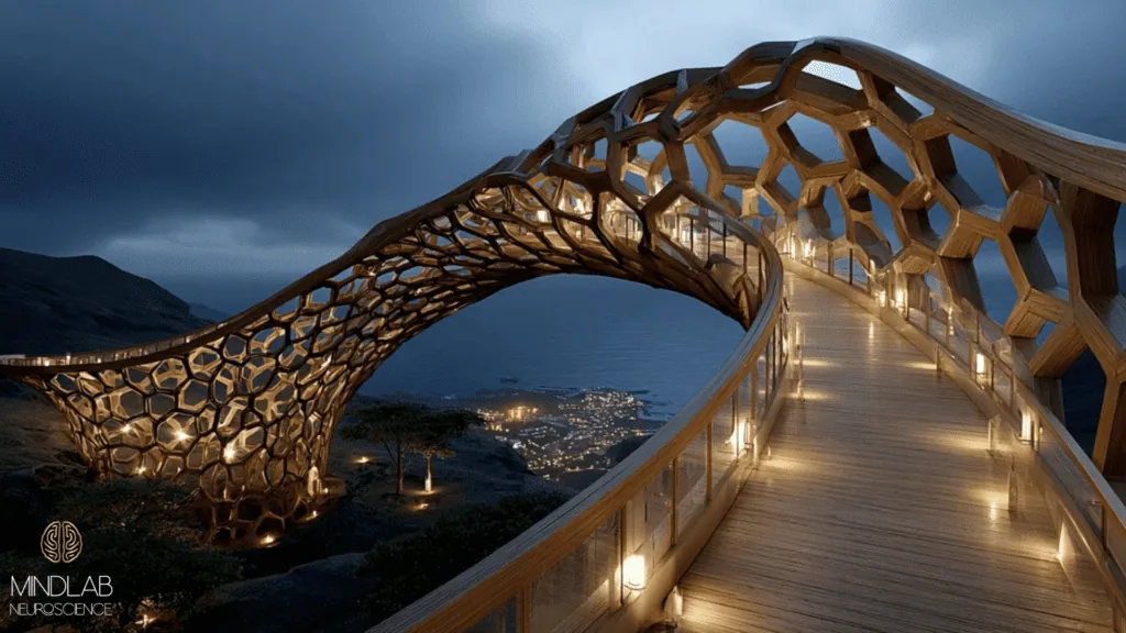 Gold high-tech bridge spanning a dark chasm connecting effort to reward as a visual metaphor for dopamine anchoring.